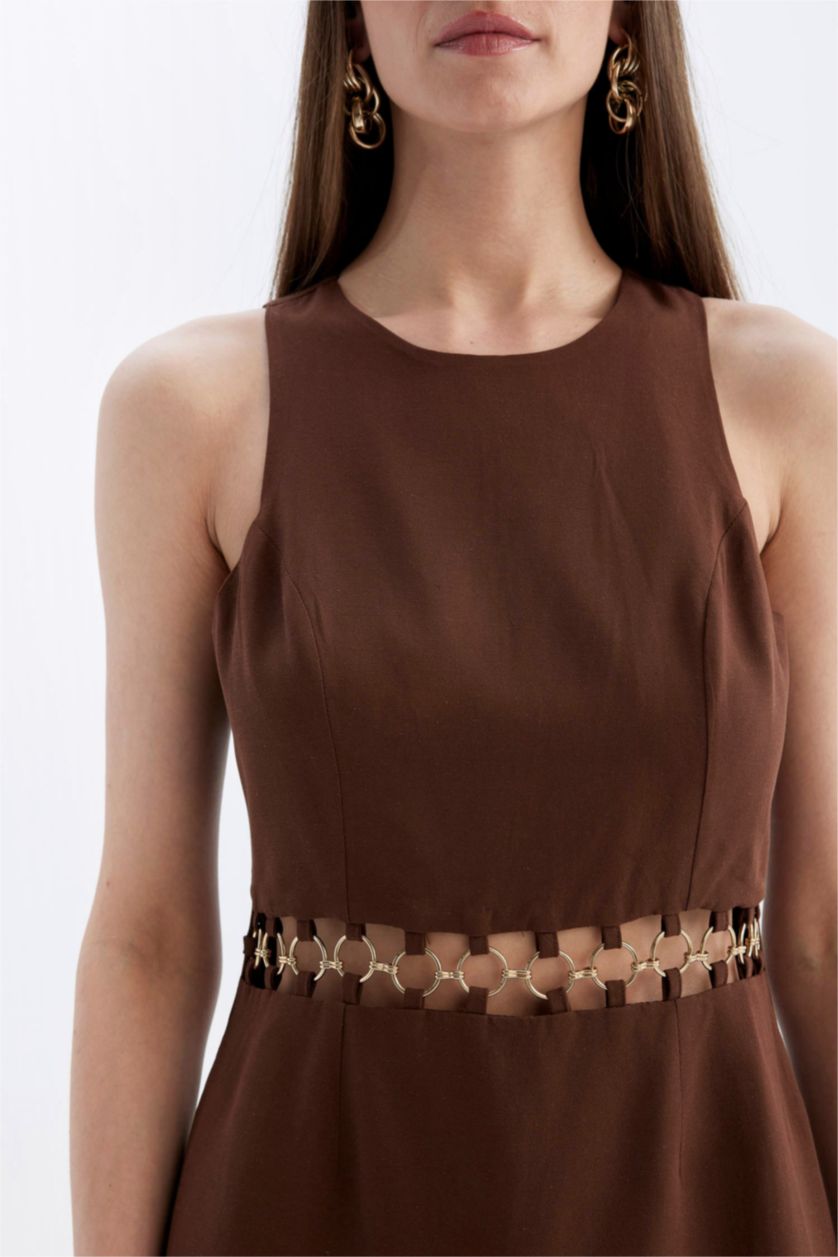 Kadın Kahve A Kesim Yuvarlak Yaka Keten Karışımlı Kolsuz Midi Elbise