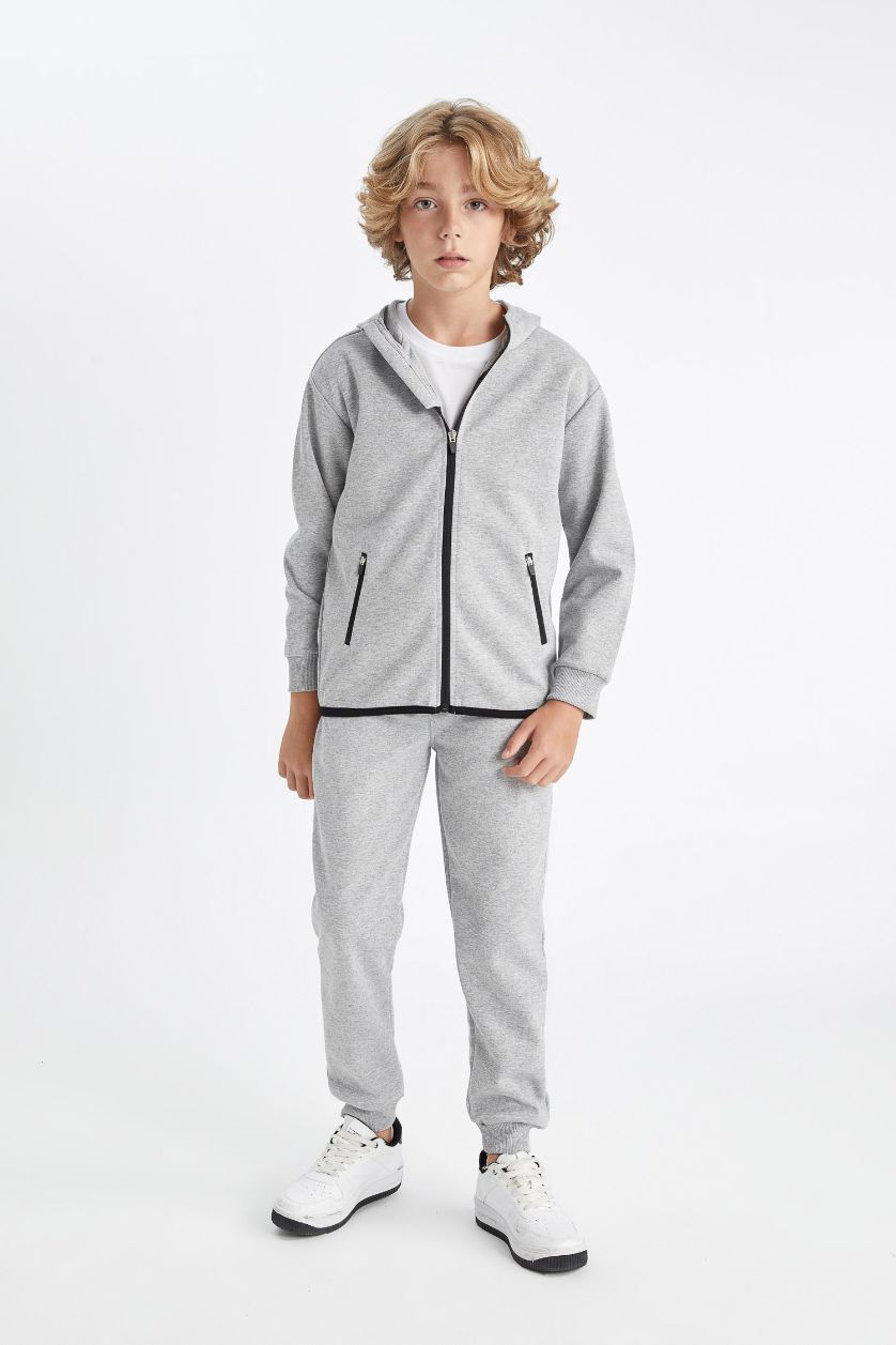 Мальчики и подростки Серый меланж Свитшот базовый с капюшоном на молнии для мальчиков, Школьная коллекция