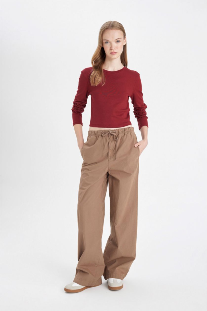 Kadın Bordo Fitted Bisiklet Yaka Ribana Basic Düz Uzun Kollu Tişört