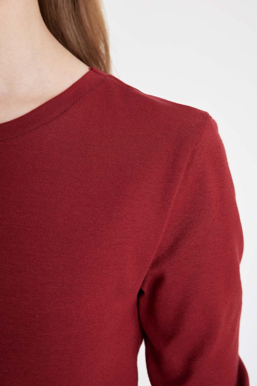Kadın Bordo Fitted Bisiklet Yaka Ribana Basic Düz Uzun Kollu Tişört