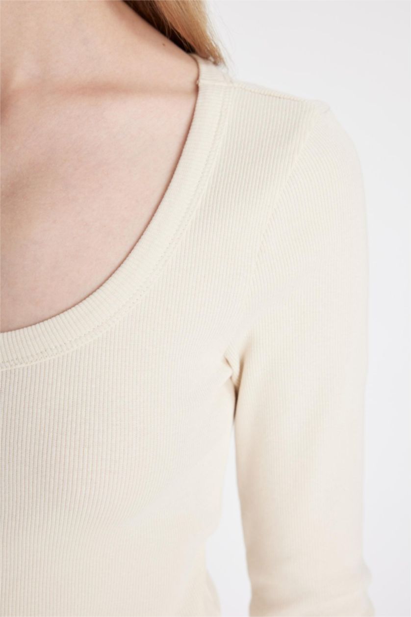 Kadın Açık Taş Fitted Vücuda Oturan U Yaka Fitilli Kaşkorse Basic Düz Uzun Kollu Tişört