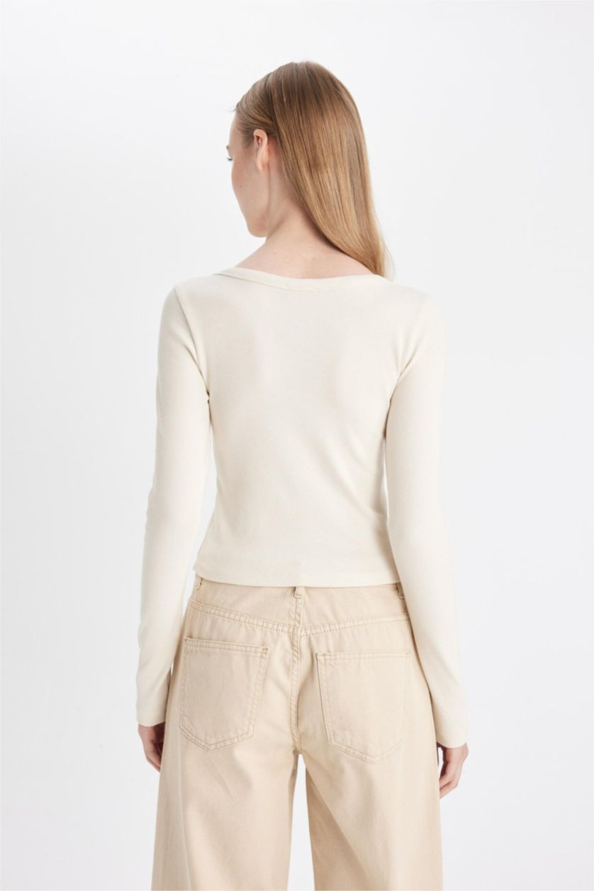 Kadın Açık Taş Fitted Vücuda Oturan U Yaka Fitilli Kaşkorse Basic Düz Uzun Kollu Tişört