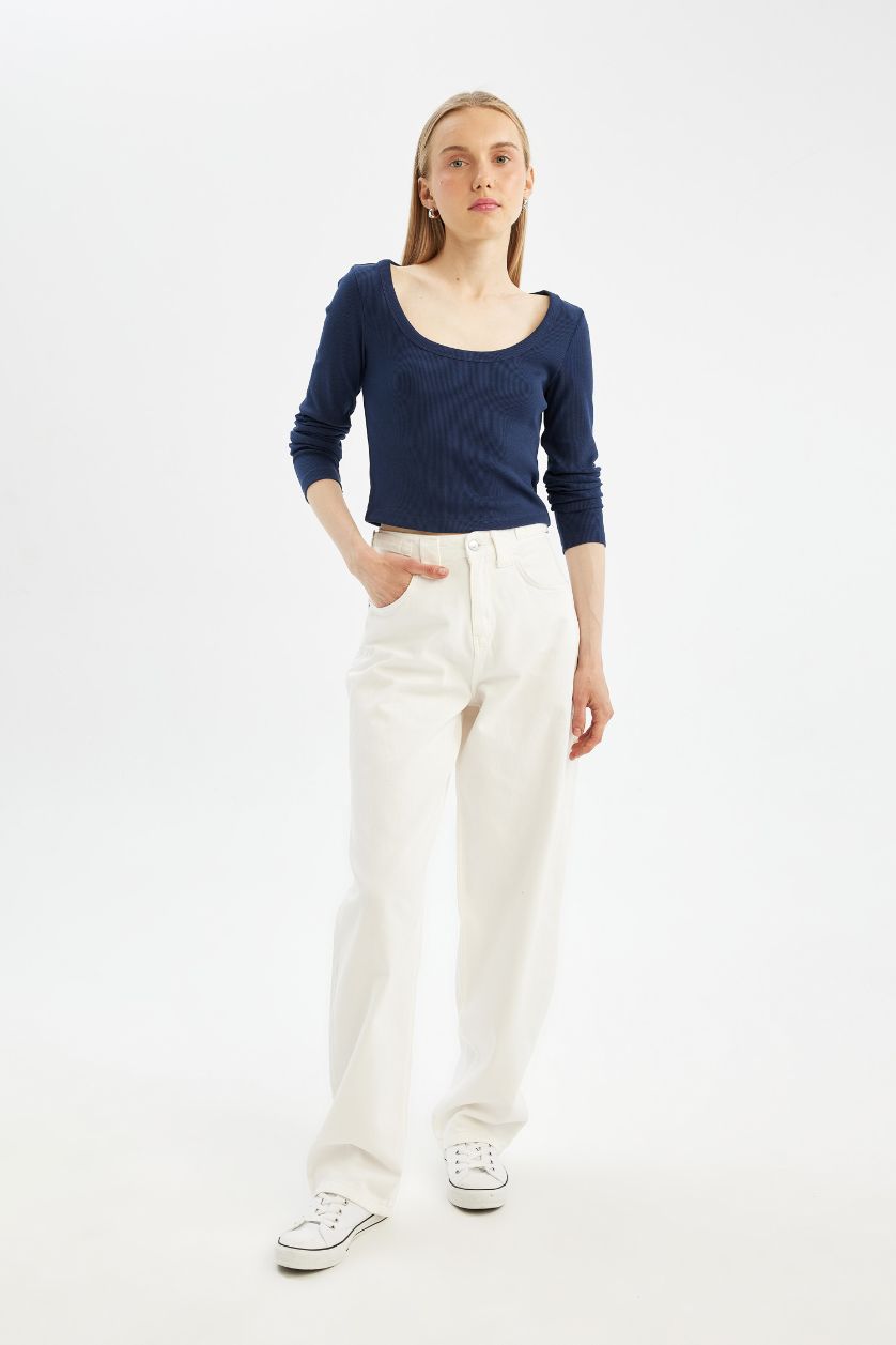 حريمي كحلي تي شيرت كم طويل سليم فيت مضلع