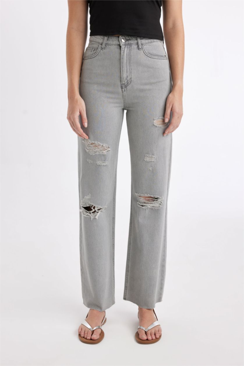حريمي رمادي بنطلون جينز وايد ليج برجل واسع وخصر عالي وتفاصيل ممزقة