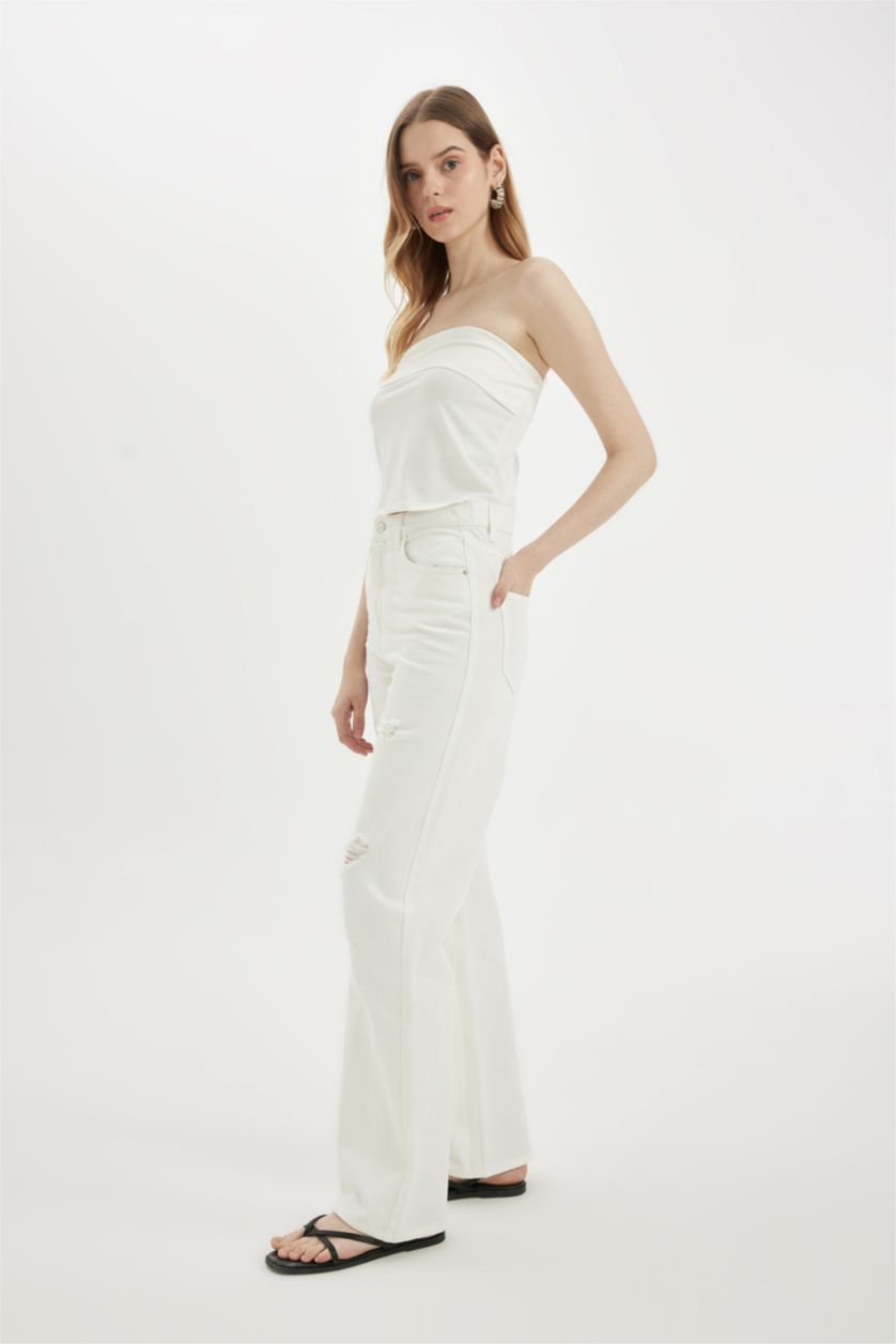 حريمي أبيض (000) بنطلون جينز وايد ليج برجل واسع وخصر عالي