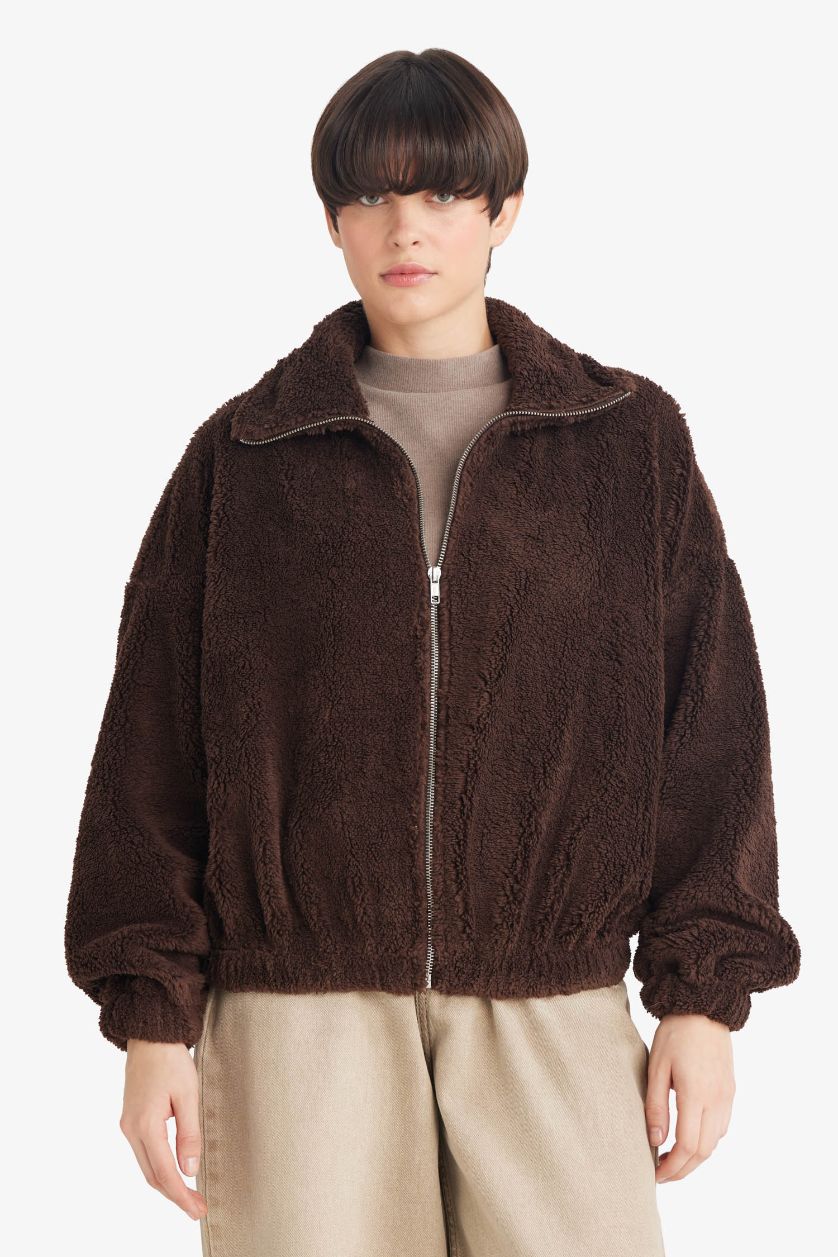 Woman Brown Oversize Fit Polo Collar Cardigan