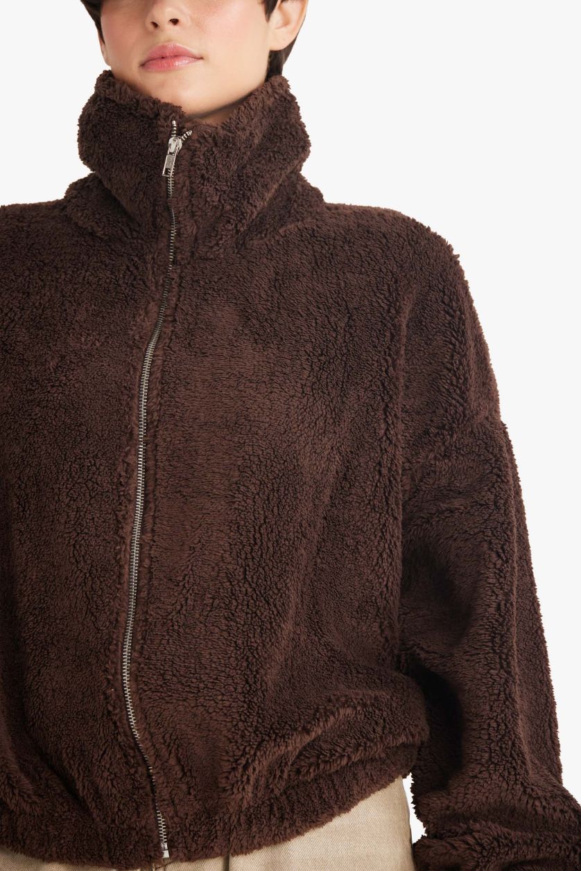 Woman Brown Oversize Fit Polo Collar Cardigan