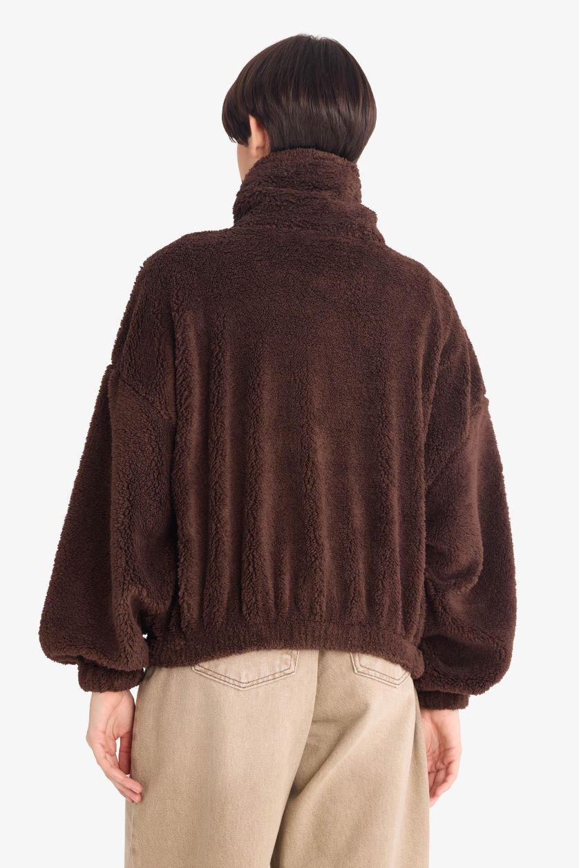 Woman Brown Oversize Fit Polo Collar Cardigan