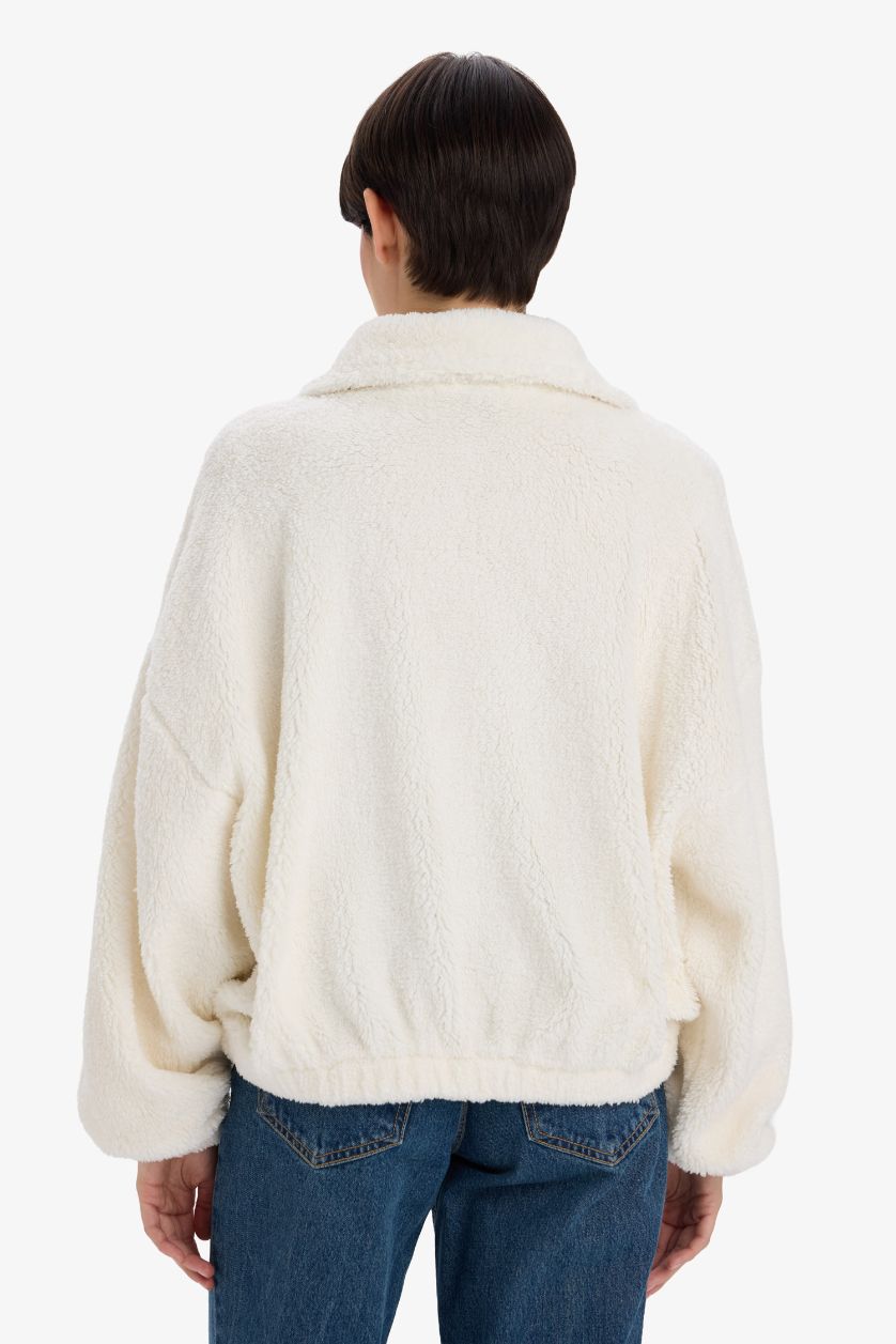 Woman Ecru Oversize Fit Polo Collar Cardigan