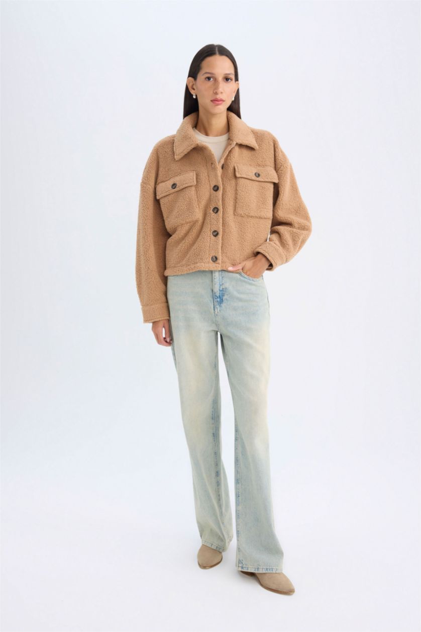 Kadın Vizon Relax Fit Polo Yaka Düğmeli Cepli Welsoft Pelüş Gömlek Ceket