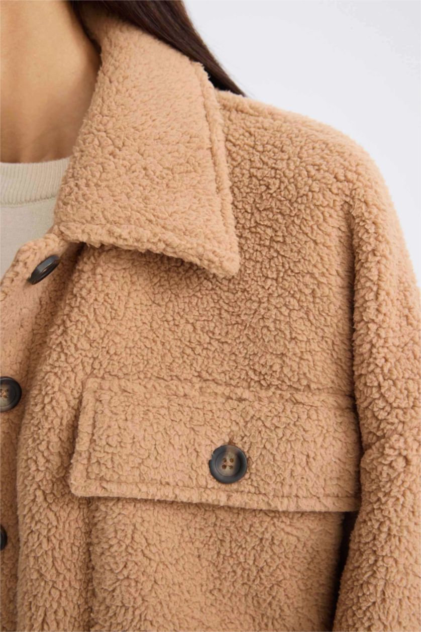 Kadın Vizon Relax Fit Polo Yaka Düğmeli Cepli Welsoft Pelüş Gömlek Ceket