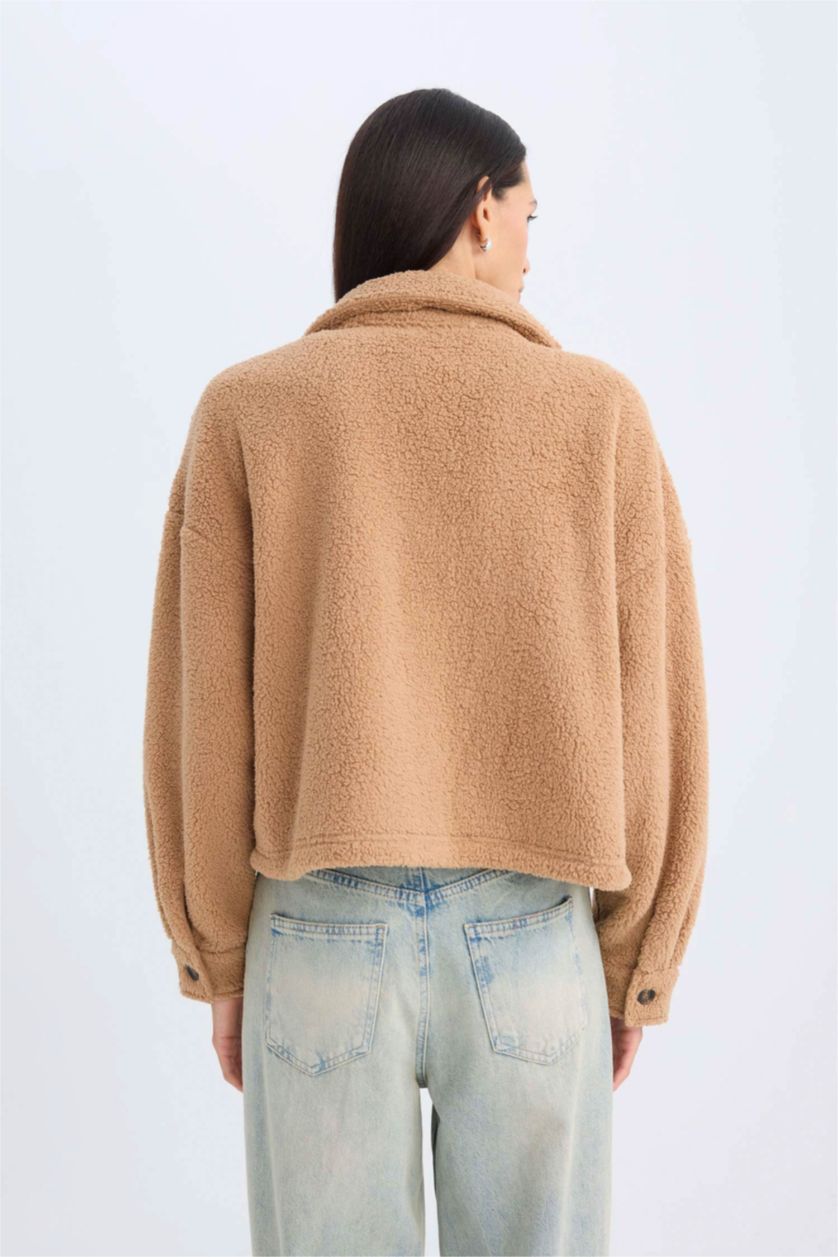 Kadın Vizon Relax Fit Polo Yaka Düğmeli Cepli Welsoft Pelüş Gömlek Ceket