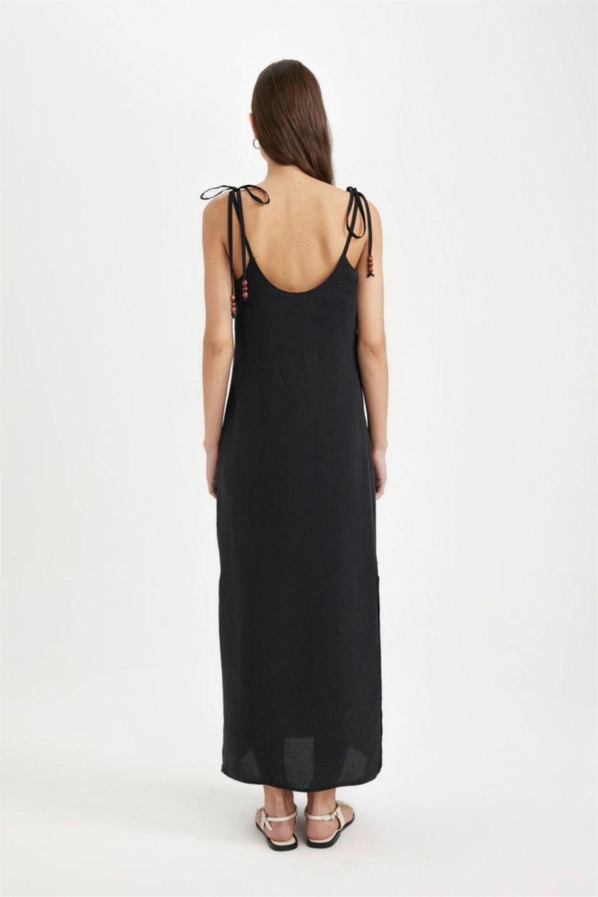 نساء أسود فستان ميدي نص ردن قصة مستقيمة بياخة مدورة بدون ردن