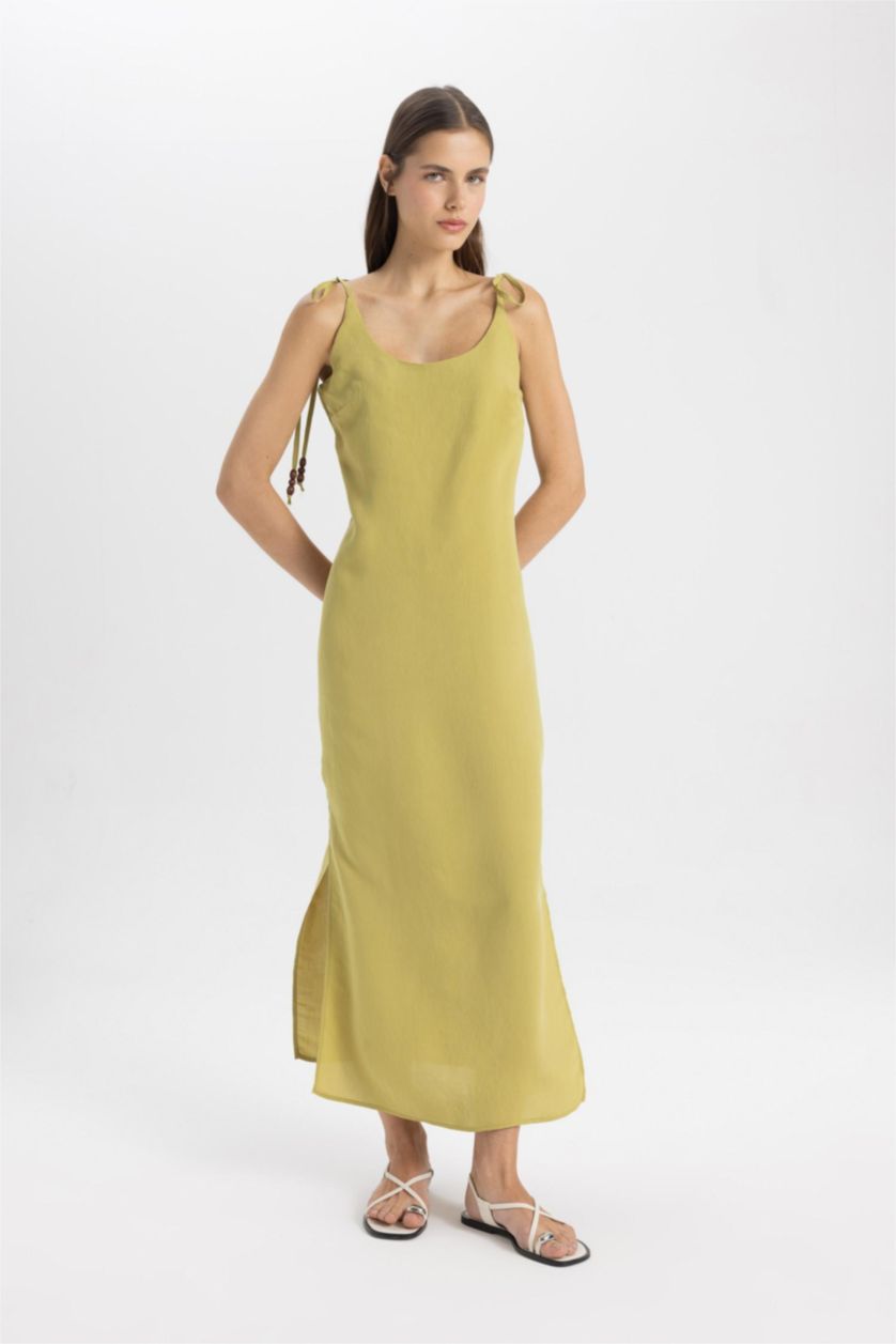 WOMAN Khaki Straight Fit Round Neck Modal Strap Maxi Dress