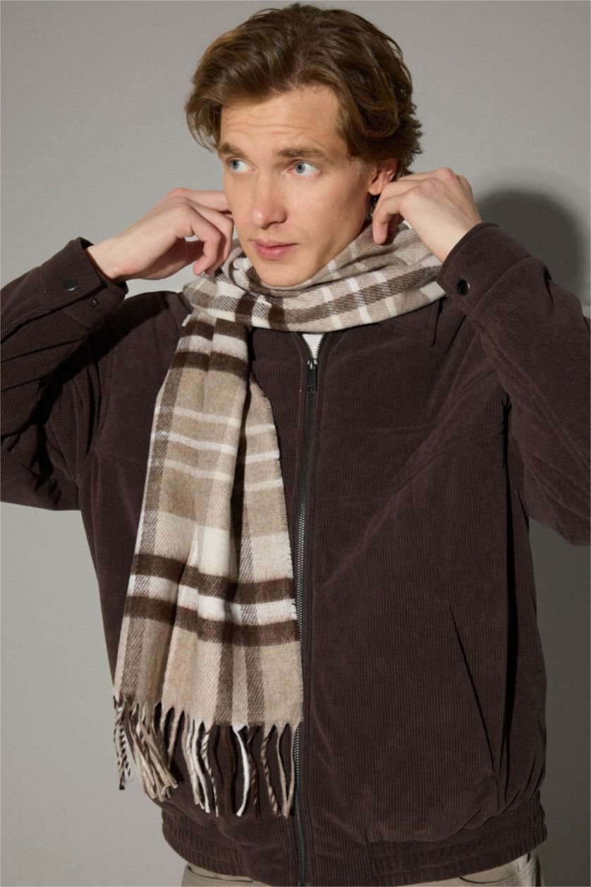 Erkek Açık Kahve Erkek Kareli Dokuma Atkı