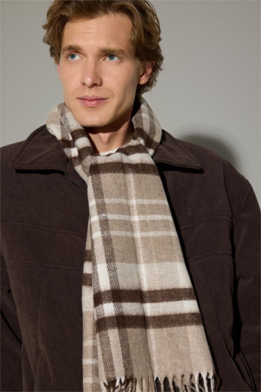 Erkek Açık Kahve Erkek Kareli Dokuma Atkı