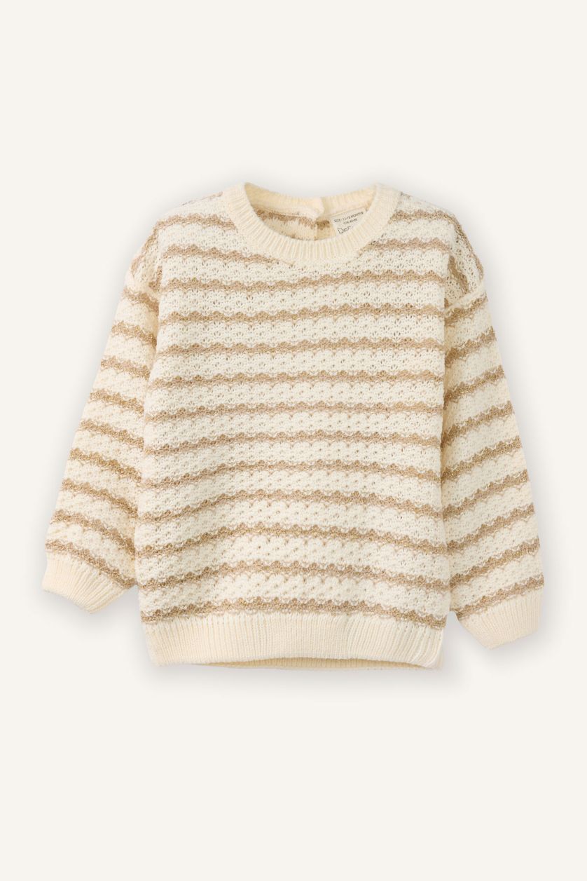 BÉBÉ FILLE Écru Pull en tricot rayé à col rond en maille texturée pour Bébé Fille