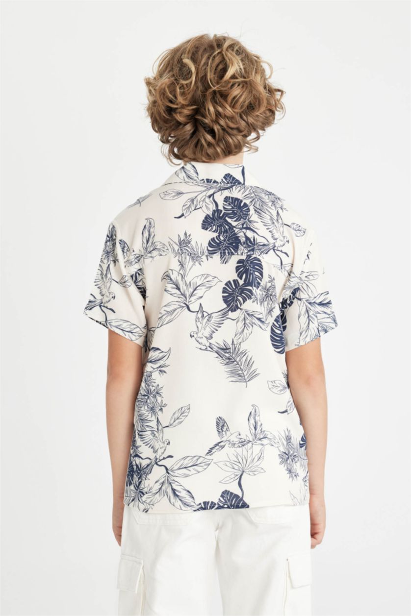 Erkek Çocuk - Genç Erkek Ekru Erkek Çocuk Polo Yaka Desenli Viskon Kısa Kollu Gömlek