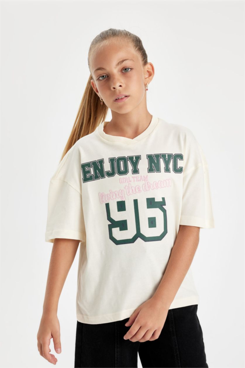 GIRLS & TEENS Ecru Girl Relax Fit V Neck Text Printed Short Sleeve T-Shirt