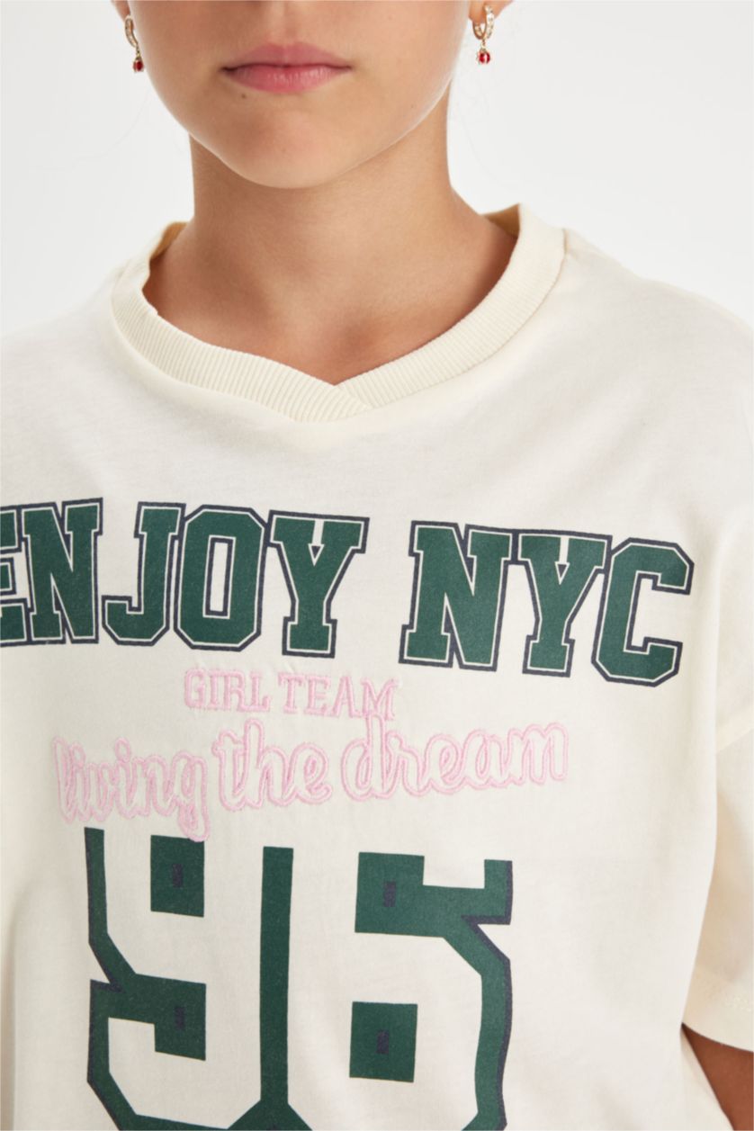 GIRLS & TEENS Ecru Girl Relax Fit V Neck Text Printed Short Sleeve T-Shirt