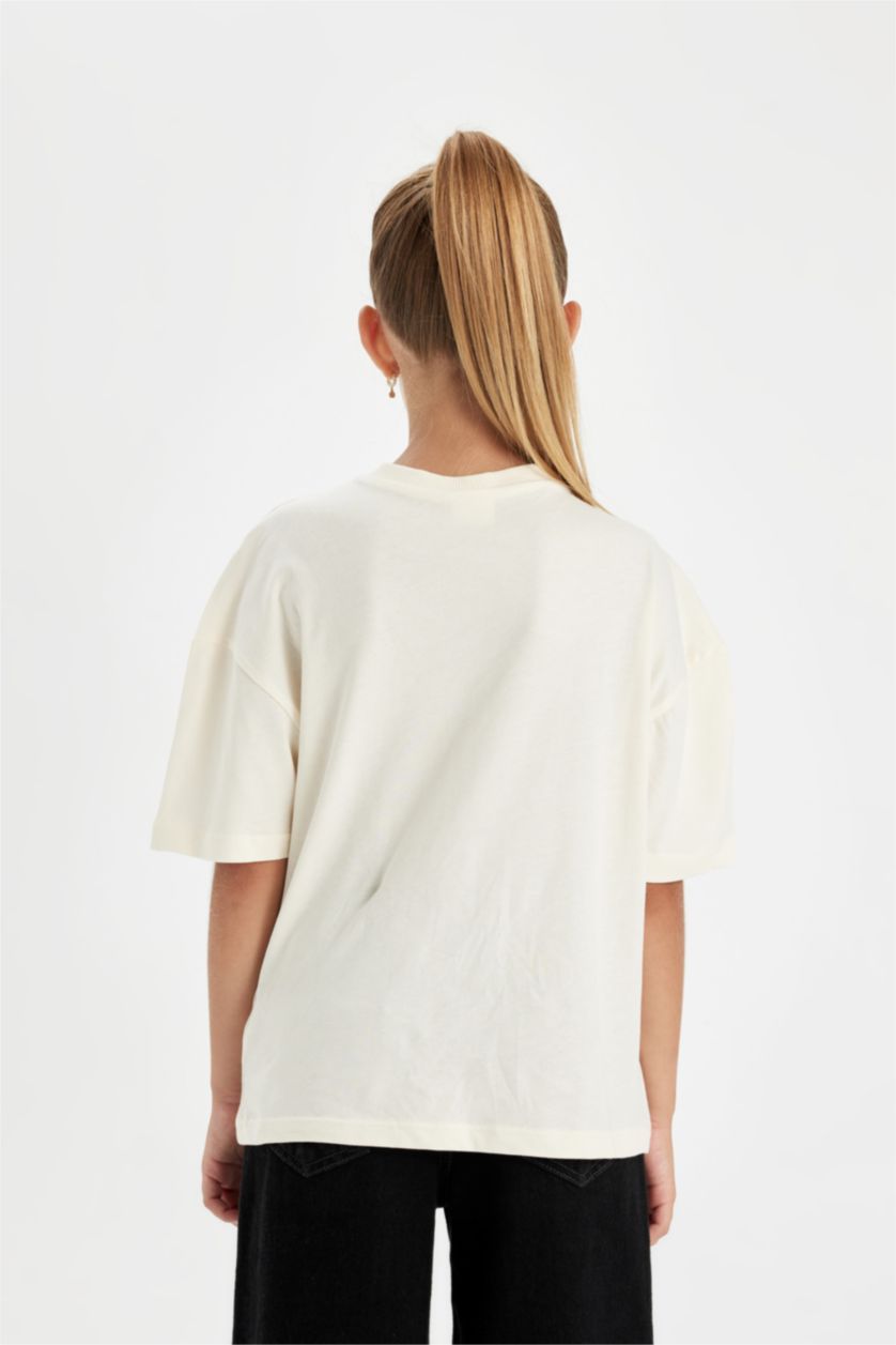 GIRLS & TEENS Ecru Girl Relax Fit V Neck Text Printed Short Sleeve T-Shirt