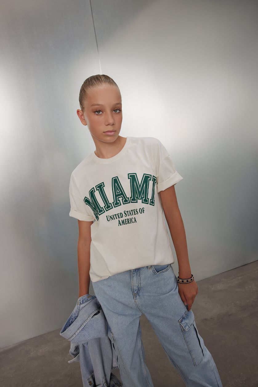 GIRLS & TEENS Ecru Girl Relax Fit Crew Neck Printed T-Shirt