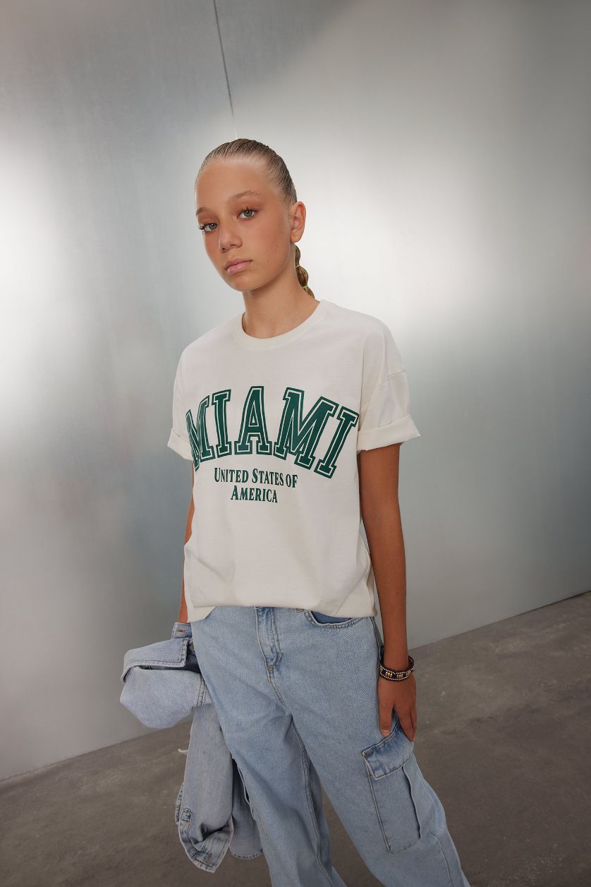 GIRLS & TEENS Ecru Girl Relax Fit Crew Neck Printed T-Shirt