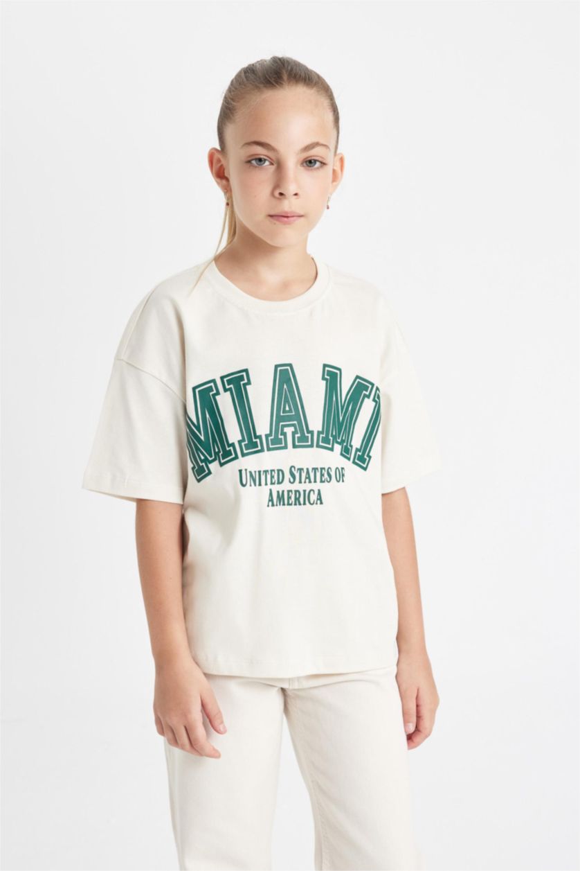 GIRLS & TEENS Ecru Girl Relax Fit Crew Neck Printed T-Shirt