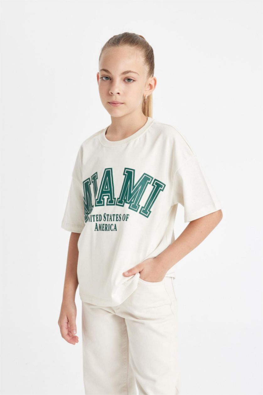 GIRLS & TEENS Ecru Girl Relax Fit Crew Neck Printed T-Shirt