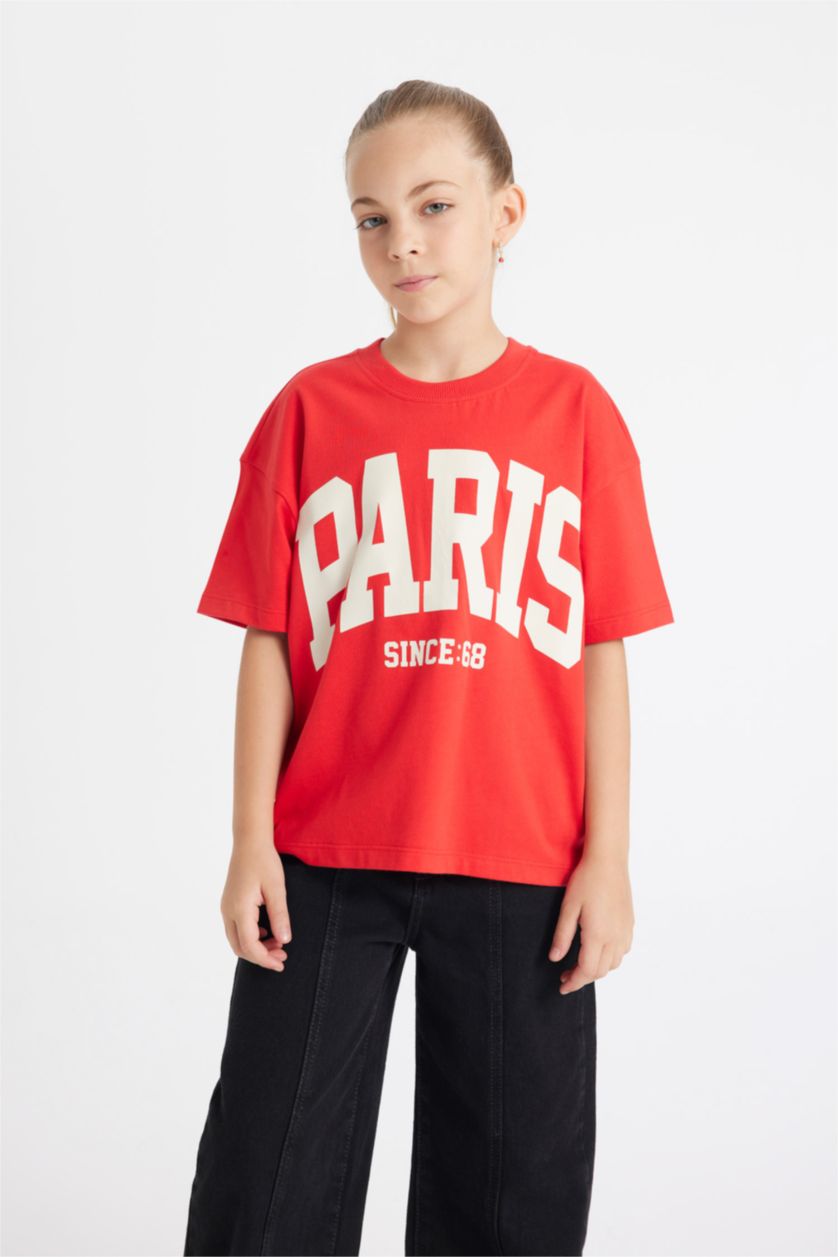 FILLES Rouge T-Shirt Coupe Relax imprimé à Manches Courtes et Col Rond pour Fille