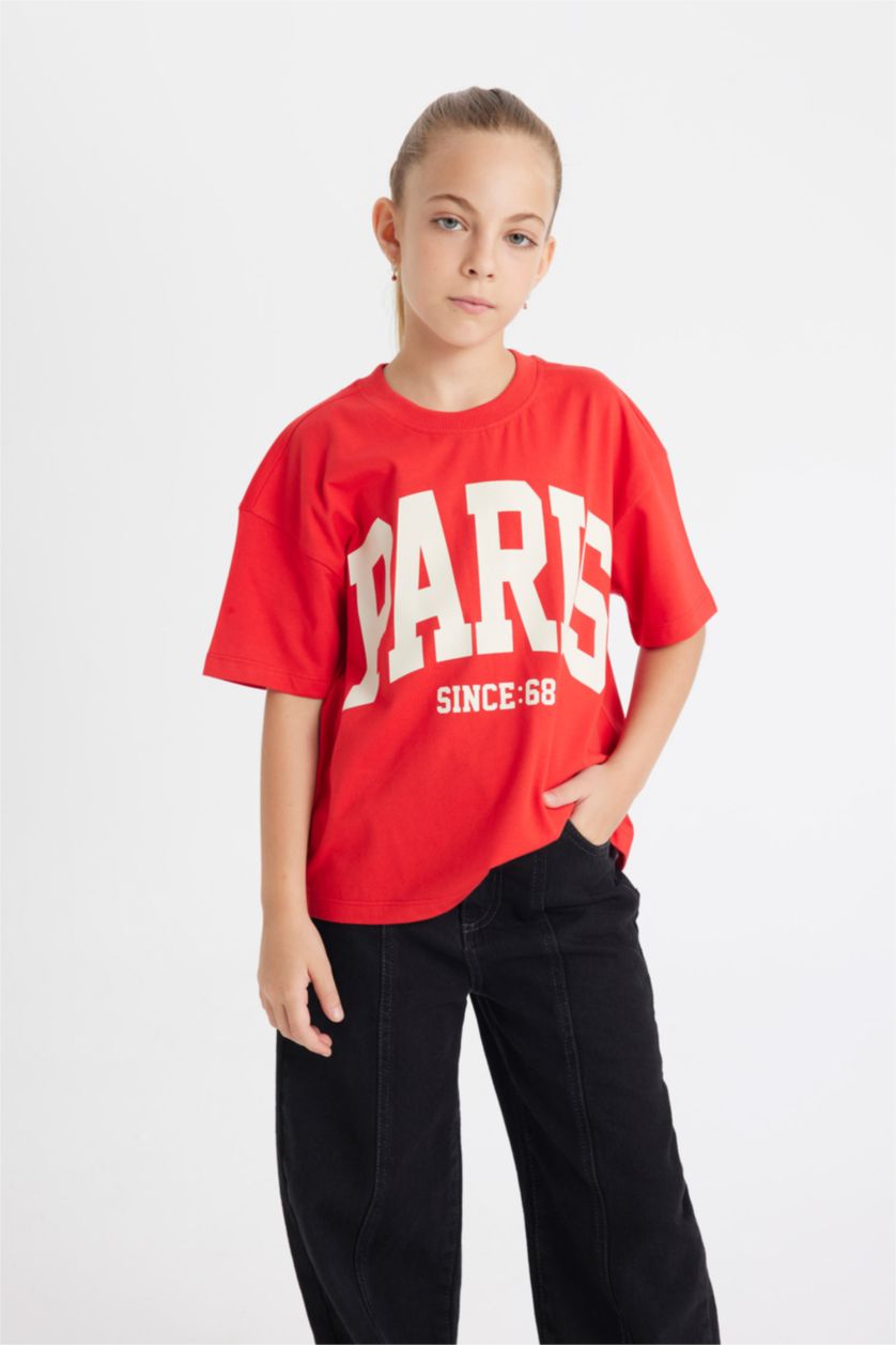 FILLES Rouge T-Shirt Coupe Relax imprimé à Manches Courtes et Col Rond pour Fille