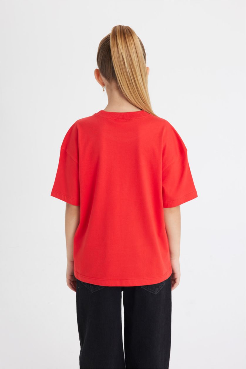 FILLES Rouge T-Shirt Coupe Relax imprimé à Manches Courtes et Col Rond pour Fille