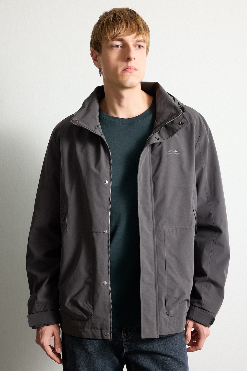 Men Anthracite Water-Repellent Hooded Jacket