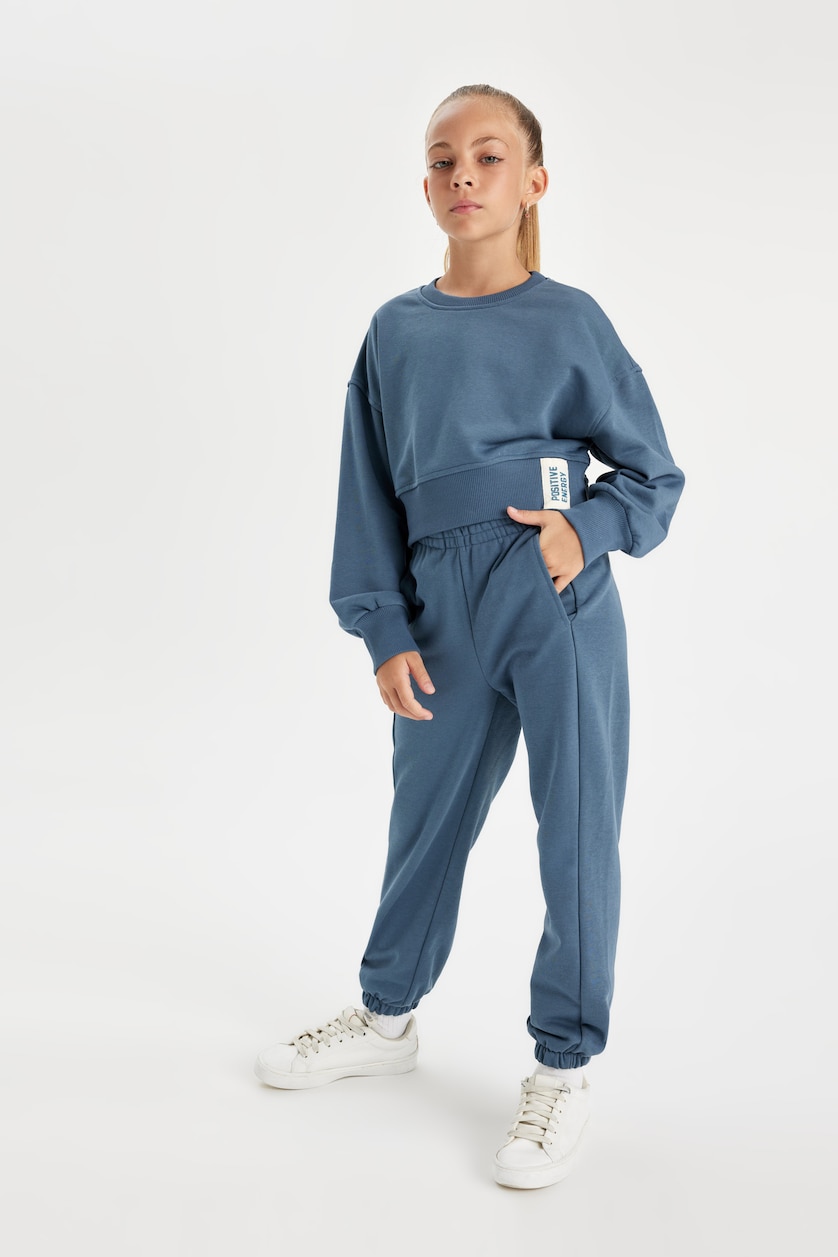 Kız Çocuk - Genç Kız Açık İndigo Kız Çocuk 2'li Takım Bisiklet Yaka Basic Düz Sweatshirt Jogger Eşofman Altı