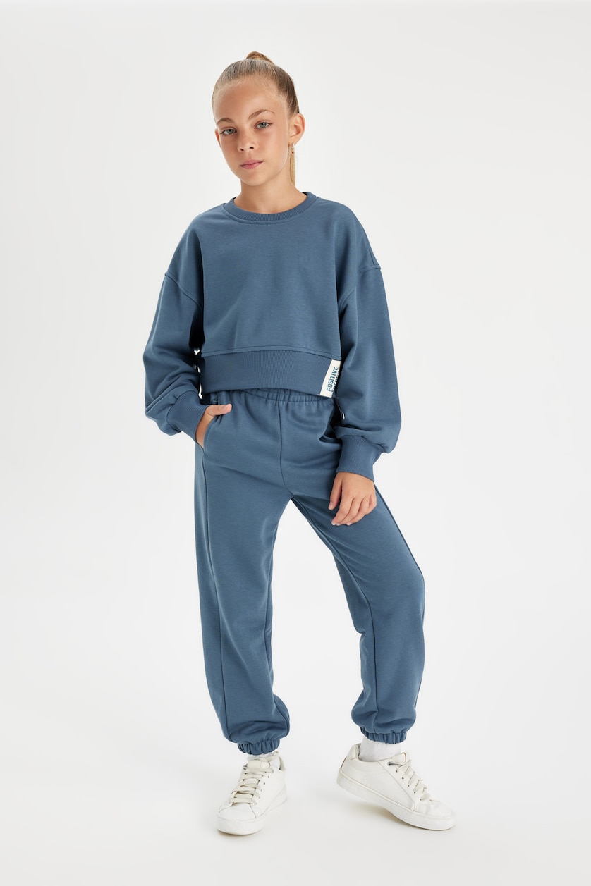 Kız Çocuk - Genç Kız Açık İndigo Kız Çocuk 2'li Takım Bisiklet Yaka Basic Düz Sweatshirt Jogger Eşofman Altı