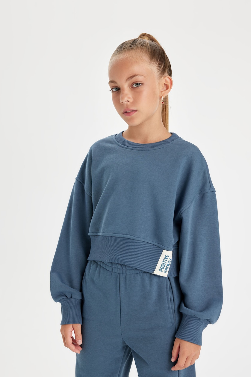 Kız Çocuk - Genç Kız Açık İndigo Kız Çocuk 2'li Takım Bisiklet Yaka Basic Düz Sweatshirt Jogger Eşofman Altı