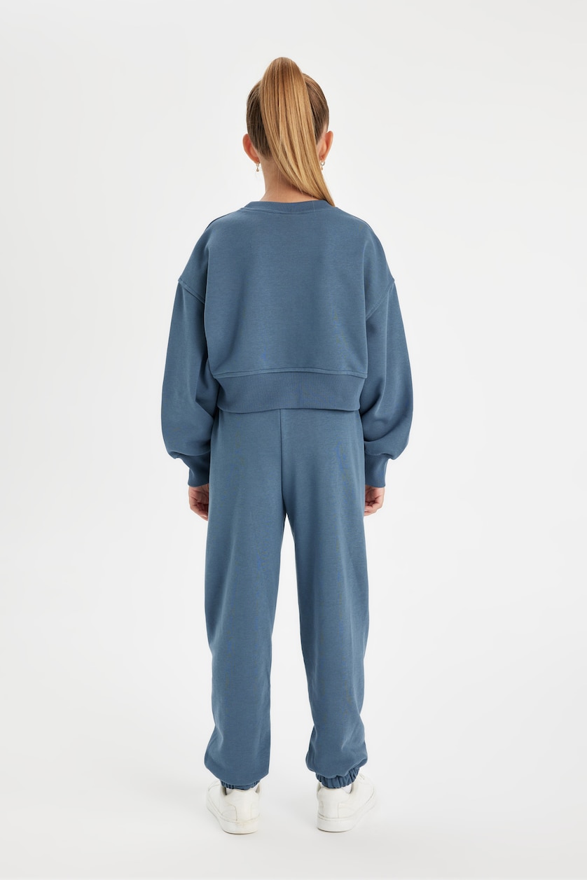 Kız Çocuk - Genç Kız Açık İndigo Kız Çocuk 2'li Takım Bisiklet Yaka Basic Düz Sweatshirt Jogger Eşofman Altı