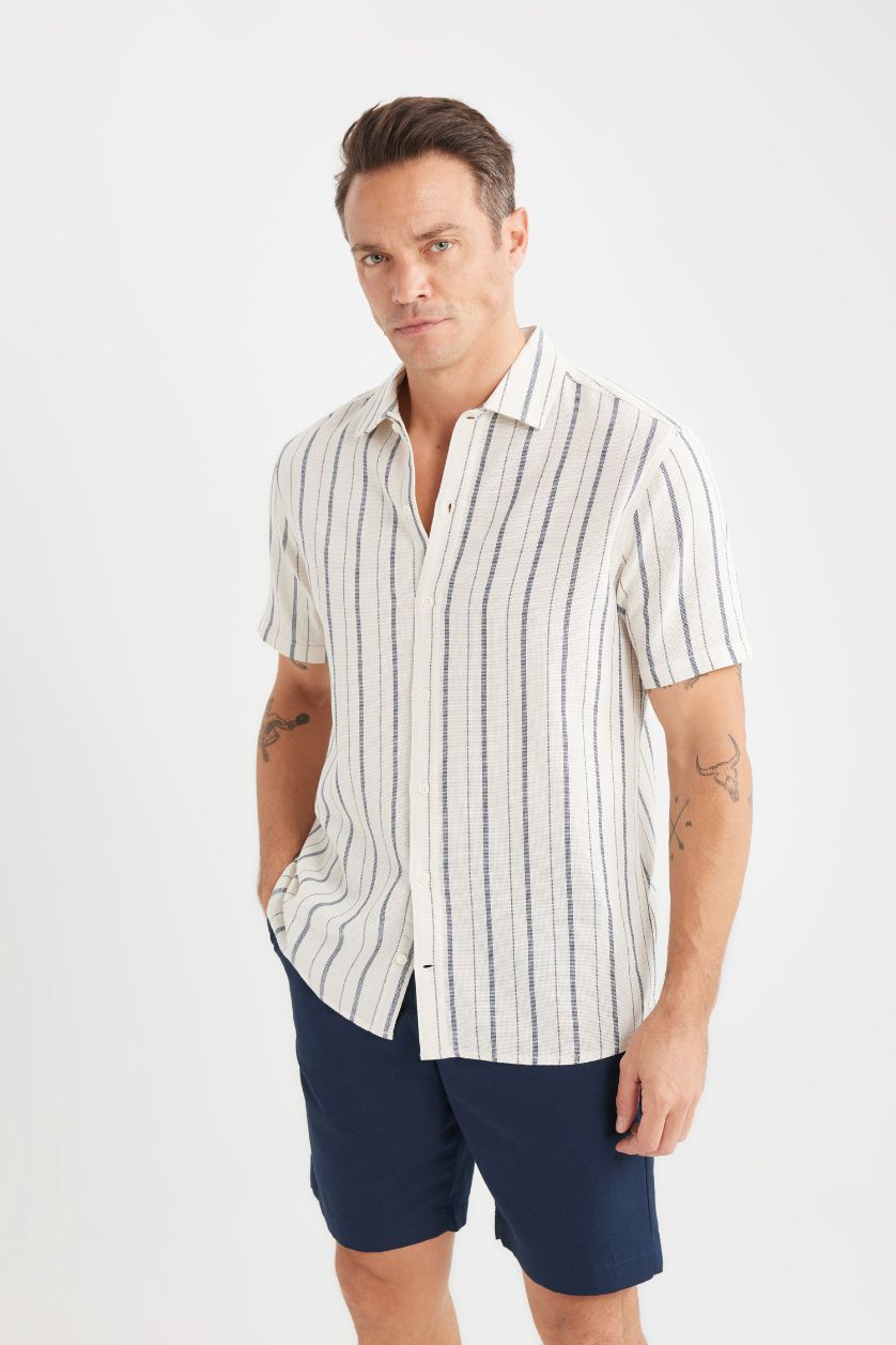 رجال حجري فاتح قميص بولو مخطط صيفي قطن مطبوع قصة عادية