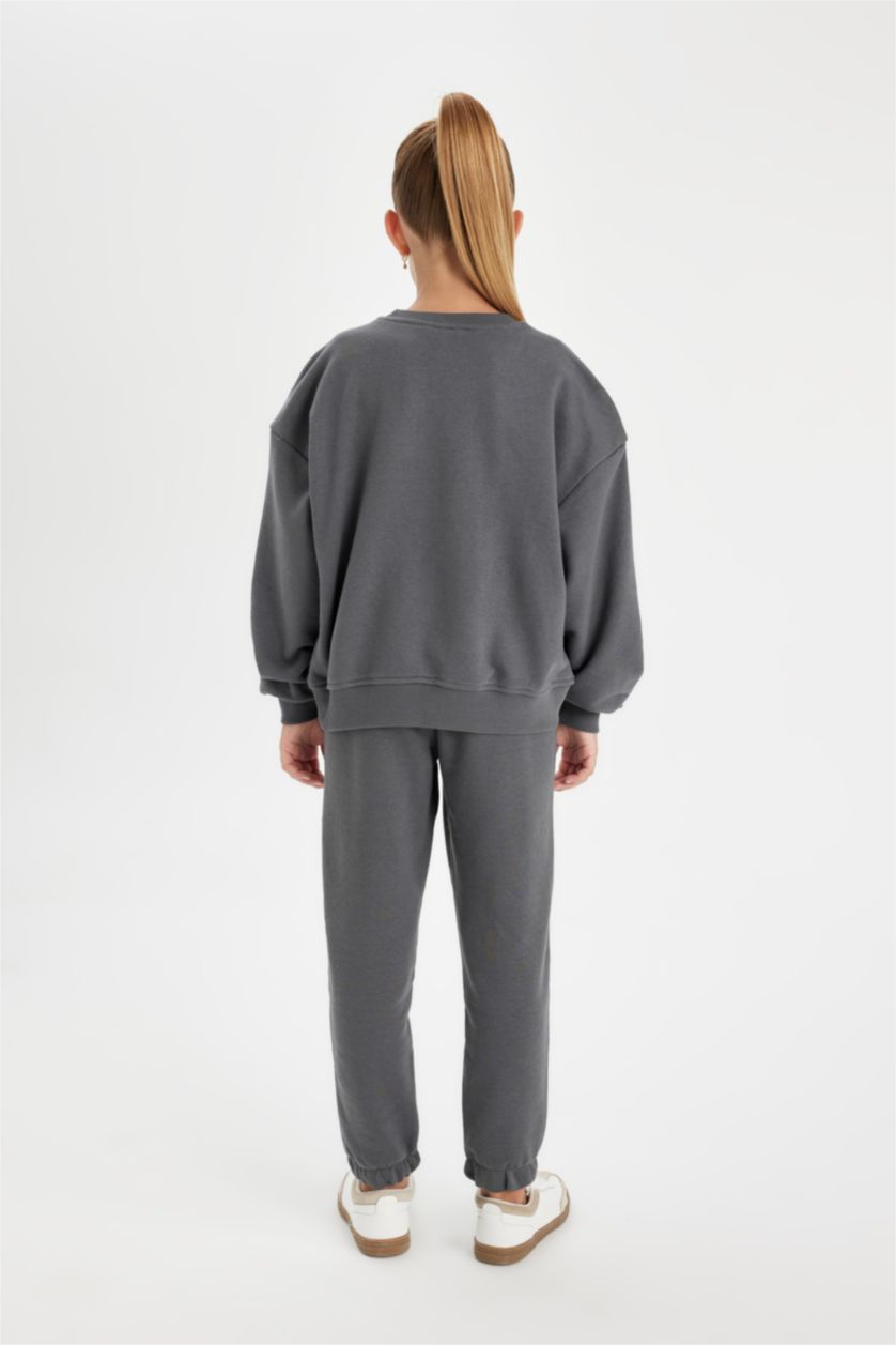 Kız Çocuk - Genç Kız Antrasit Kız Çocuk 2'li Takım Baskılı Sweatshirt Beli Lastikli Eşofman Altı