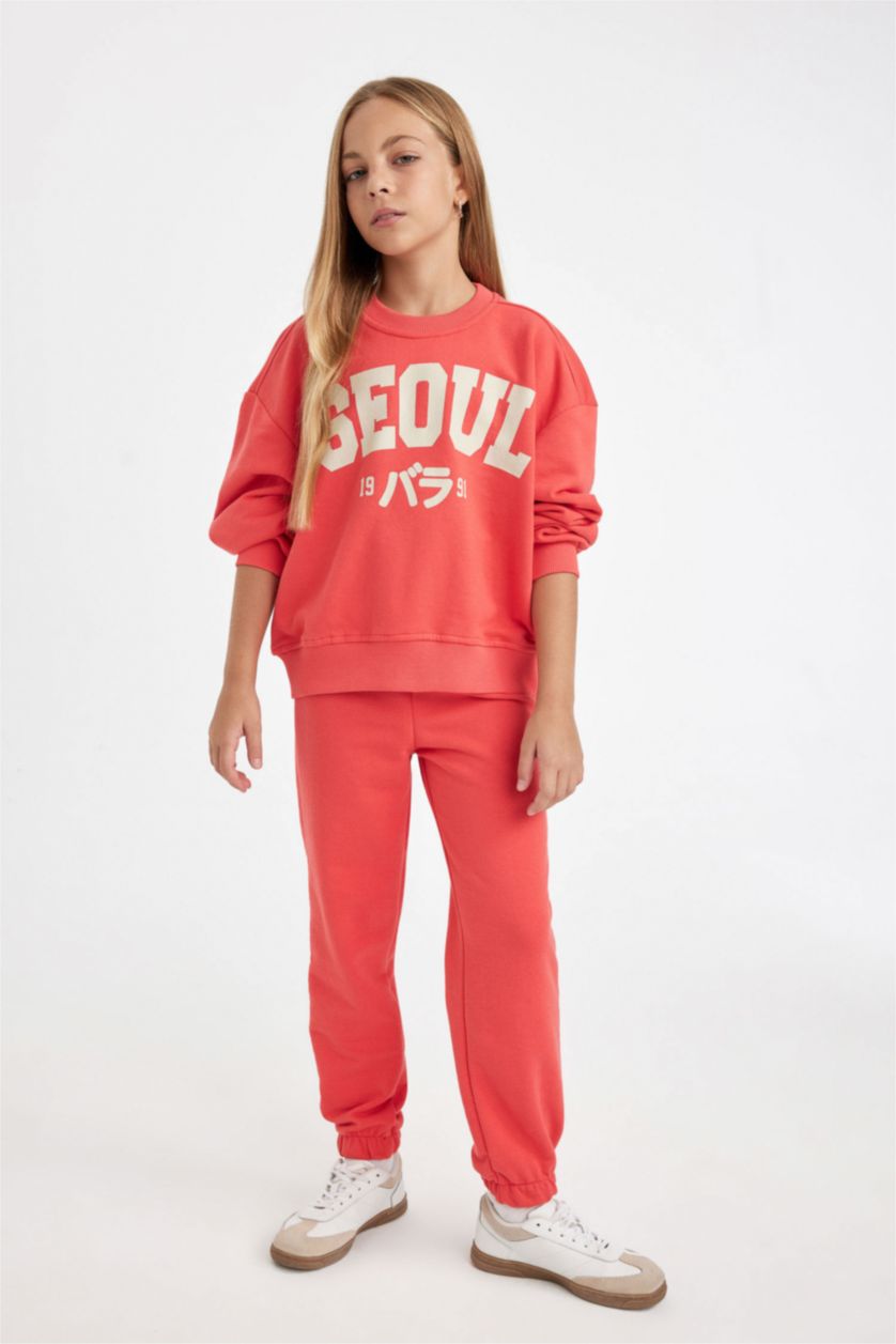 Kız Çocuk - Genç Kız Açık Kırmızı Kız Çocuk 2'li Takım Baskılı Bisiklet Yaka Sweatshirt Beli Lastikli Jogger Eşofman Altı