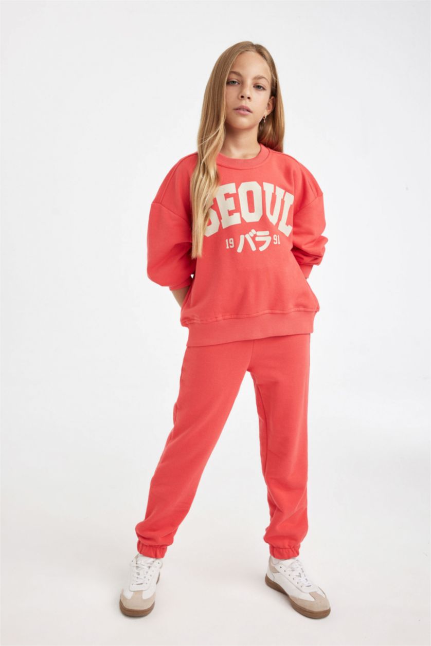 Kız Çocuk - Genç Kız Açık Kırmızı Kız Çocuk 2'li Takım Baskılı Bisiklet Yaka Sweatshirt Beli Lastikli Jogger Eşofman Altı