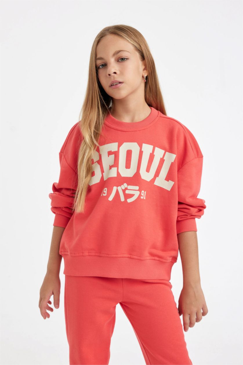 Kız Çocuk - Genç Kız Açık Kırmızı Kız Çocuk 2'li Takım Baskılı Bisiklet Yaka Sweatshirt Beli Lastikli Jogger Eşofman Altı