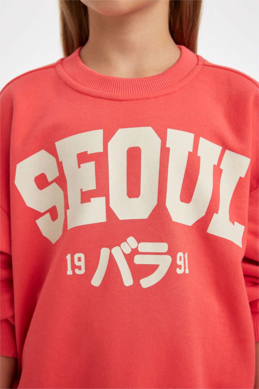 Kız Çocuk - Genç Kız Açık Kırmızı Kız Çocuk 2'li Takım Baskılı Bisiklet Yaka Sweatshirt Beli Lastikli Jogger Eşofman Altı