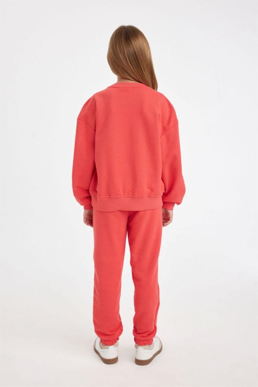 Kız Çocuk - Genç Kız Açık Kırmızı Kız Çocuk 2'li Takım Baskılı Bisiklet Yaka Sweatshirt Beli Lastikli Jogger Eşofman Altı