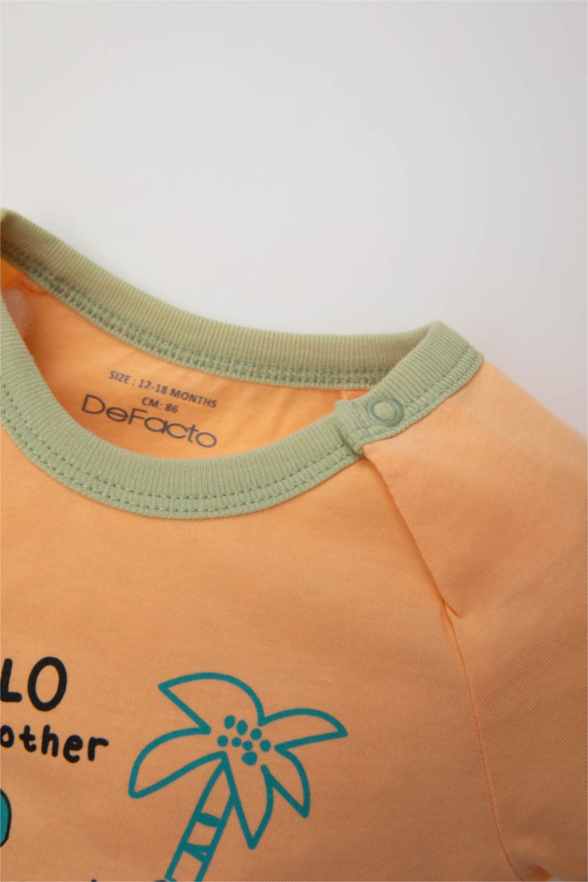 Erkek Bebek Somon Erkek Bebek Yenidoğan Bisiklet Yaka Dinazor Baskılı Penye Kısa Kollu Çıtçıtlı Body