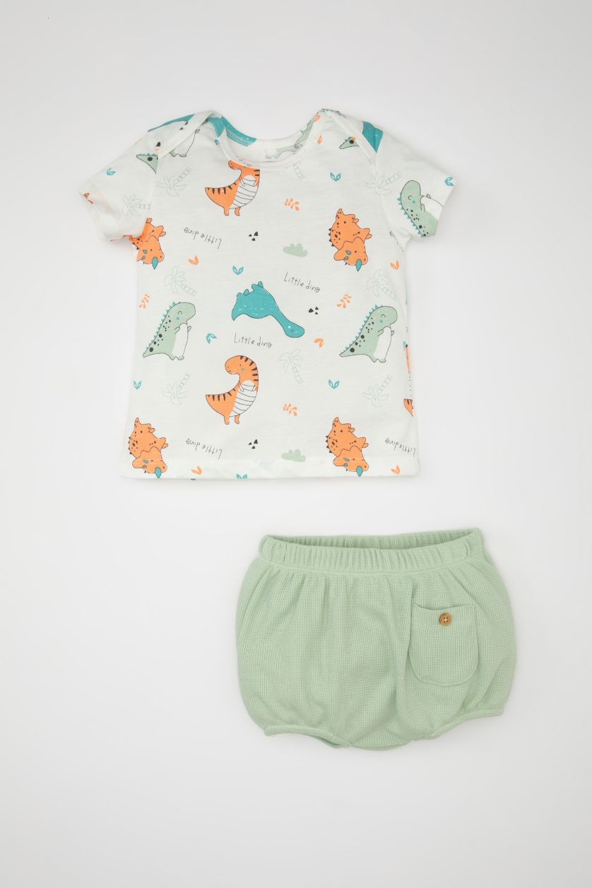 BABY BOY Ecru Baby Boy Dinosaur Printed Waffle 2 Piece Set