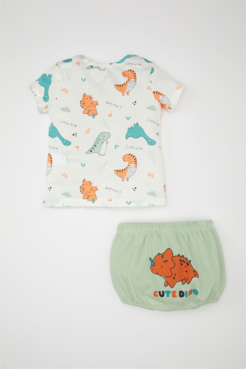 BABY BOY Ecru Baby Boy Dinosaur Printed Waffle 2 Piece Set