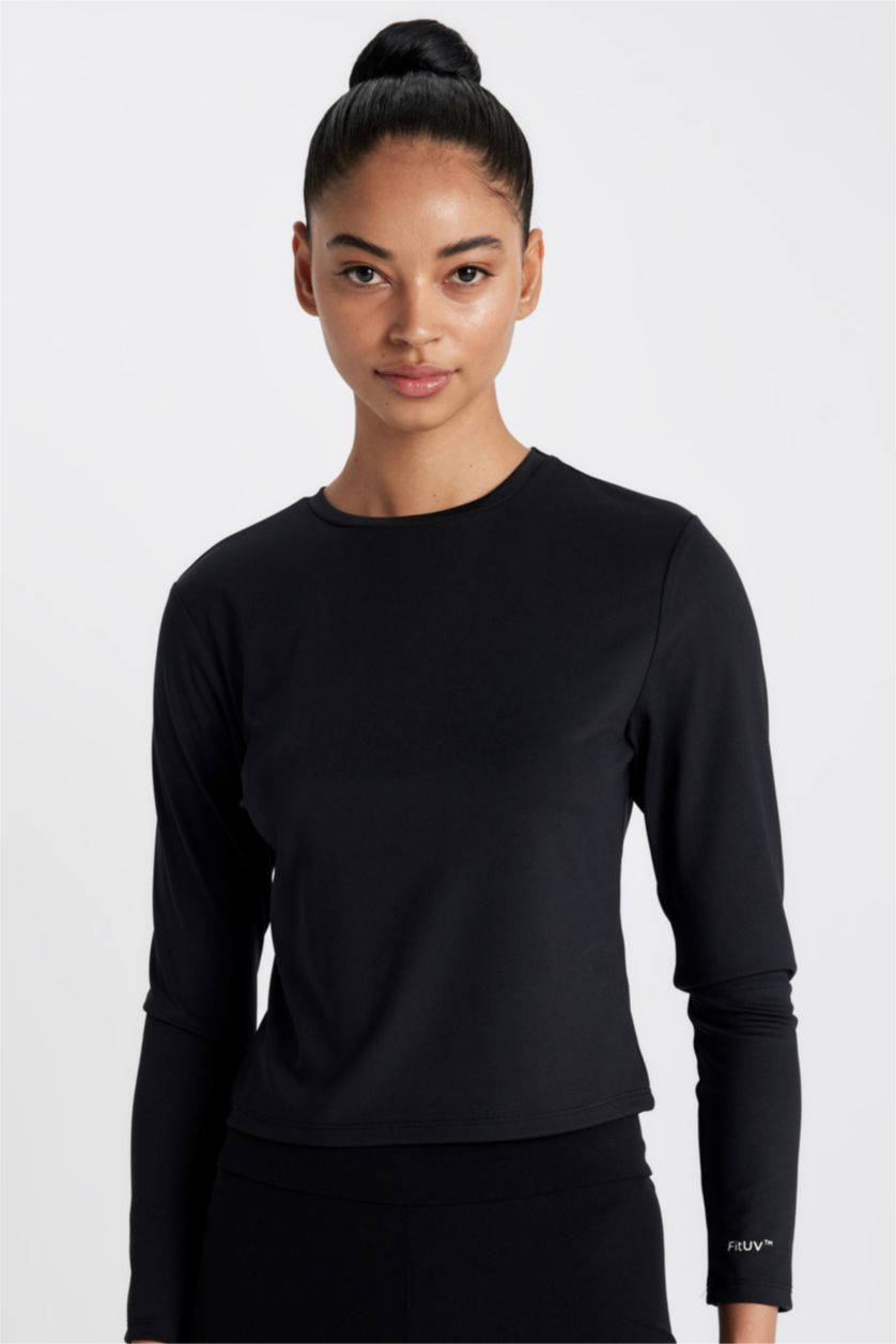 Woman Black DeFactoFit Slim Fit Crew Neck Printed T-Shirt