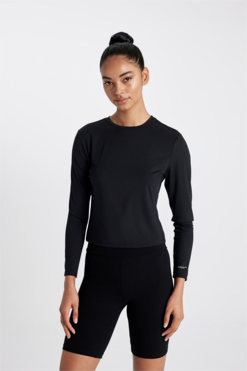 Woman Black DeFactoFit Slim Fit Crew Neck Printed T-Shirt