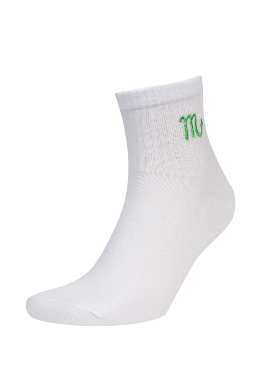 Kadın Beyaz Unisex Pamuklu Akrep Burcu Simgeli Soket Çorap